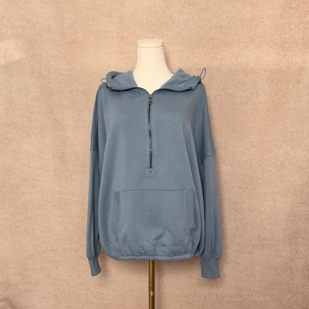 Zenana Oversized Blue Hooded Pullover with Front Kangaroo Pocket with Elastic